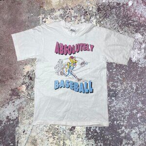 90s Absolutely Baseball Cartoon Tiger Vintage White T-Shirt Anvil Medium